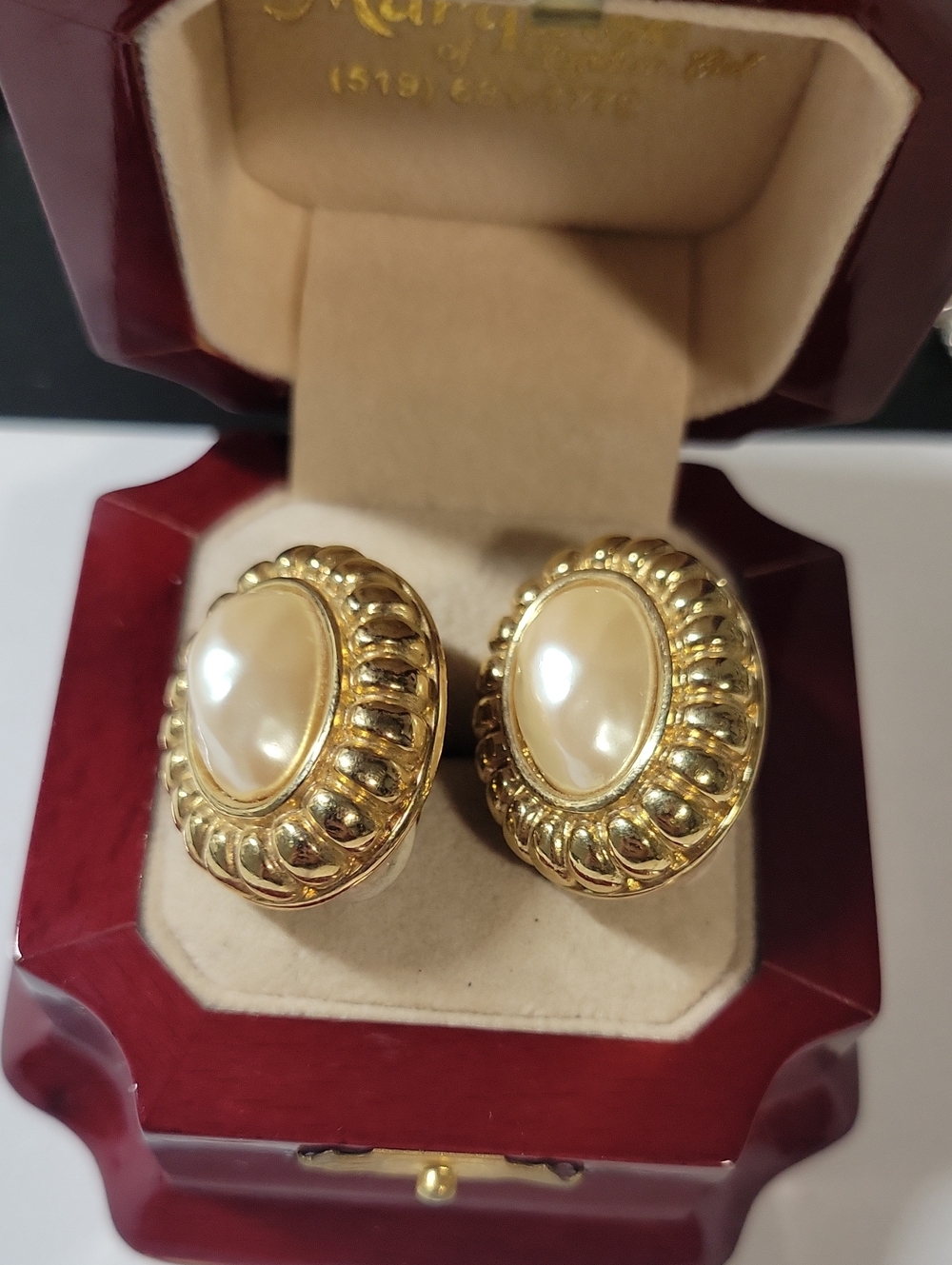 Vintage Givenchy Classic Gold-Tone Pearl Cabochon Earrings - Picture 2 of 6